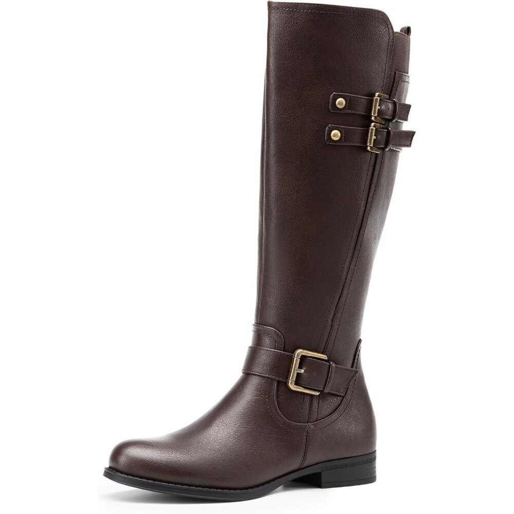 🆕Womens Faux Leather Brown Knee High Buckle Chunky Heel Flat Riding Pirate Boot